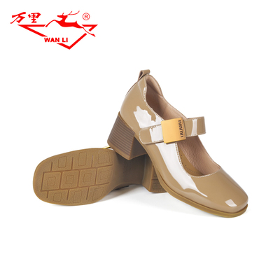 万里新款玛丽珍女鞋时尚一字扣真皮鞋百搭粗跟单鞋BMT2193