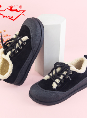 万里冬季加绒棉鞋圆头系带休闲鞋舒适平底真皮女鞋SAT6875