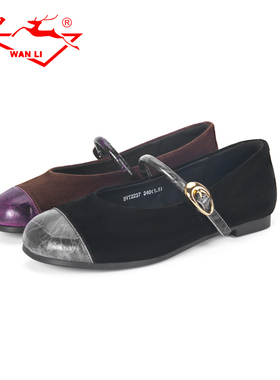 万里新款一字扣浅口玛丽珍女鞋复古真皮懒人鞋舒适单鞋BVT2237