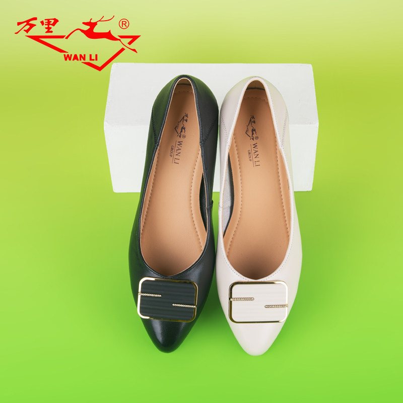 万里新款真皮女鞋时尚尖头职业工作鞋百搭粗跟一脚蹬单鞋HHT242,女鞋,浅口单鞋,淘宝优惠券,粉丝福利购,淘宝优惠卷