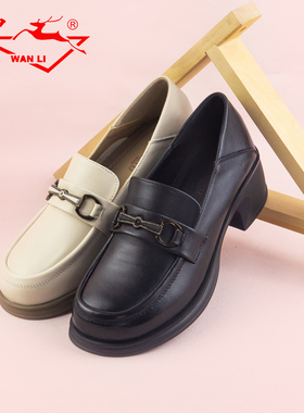 万里新款真皮单鞋女舒适一脚蹬休闲鞋百搭粗跟圆头低帮鞋SBT2856