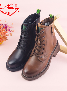 万里新款真皮马丁靴舒适粗跟厚底棉鞋宽头加绒保暖女鞋SRT6855