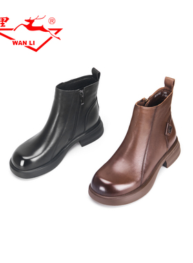 万里新款时尚女靴真皮舒适侧拉链时装靴百搭圆头粗跟短靴BKT6991