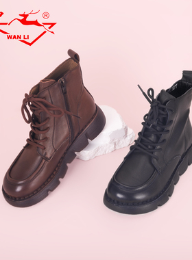 万里新款休闲马丁靴真皮短筒靴时尚侧拉链复古女靴HYT618DS