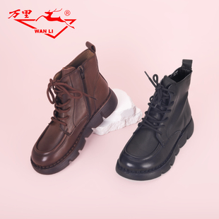 万里新款休闲马丁靴真皮短筒靴时尚侧拉链复古女靴HYT618DS