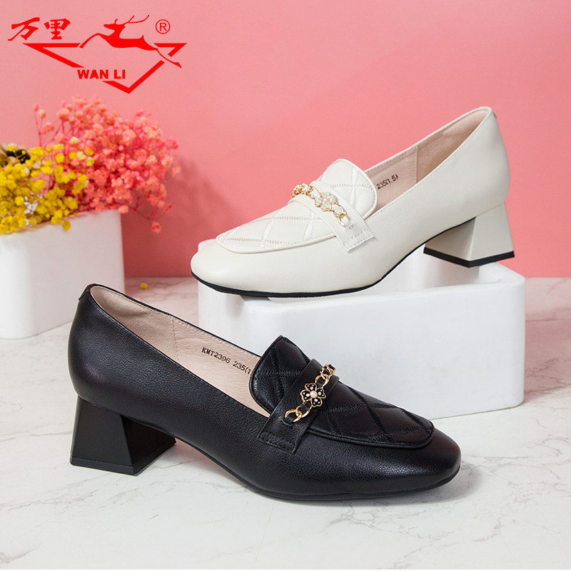 万里新款乐福鞋女真皮粗跟方头豆豆鞋舒适一脚蹬软底单鞋KMT2396