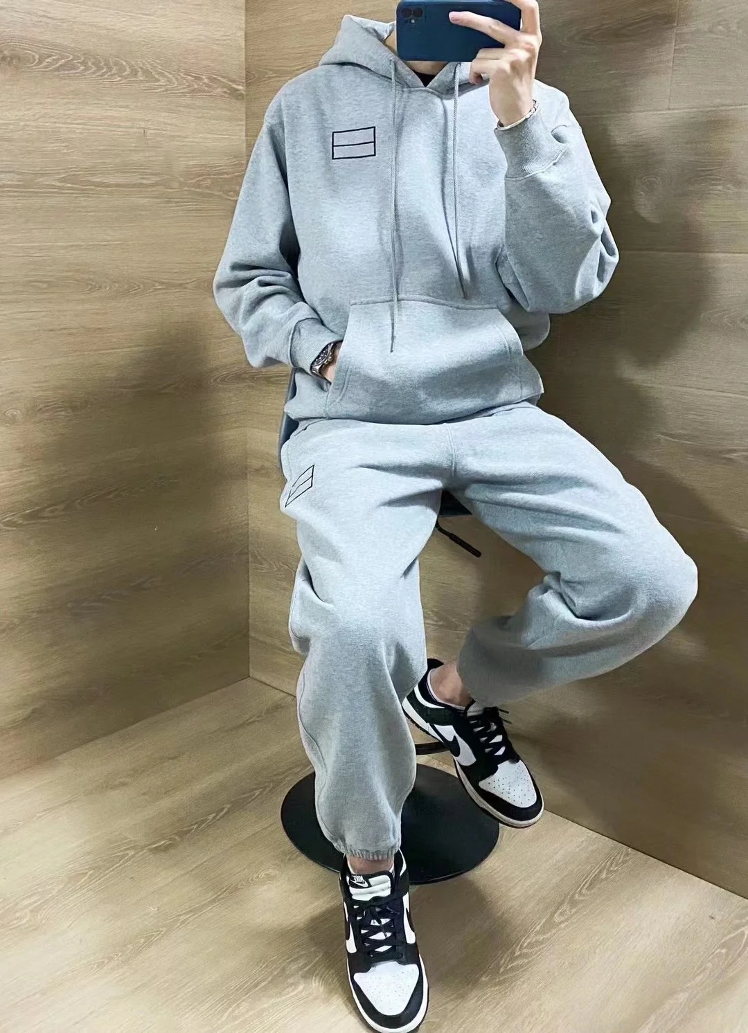 FCG美式S风格联名纯色百搭胸前方块刺绣字母图案连帽卫衣套装