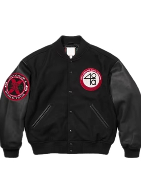 FCG＆SS25联名Varsity Jacket徽章刺绣皮袖立领夹克棒球服外套