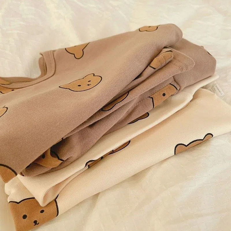 속옷 세트 가을 겨울 의류 남성 및 여성  곰 잠옷 가정 의류 어린이 따뜻한 배 보호 투피스 세트