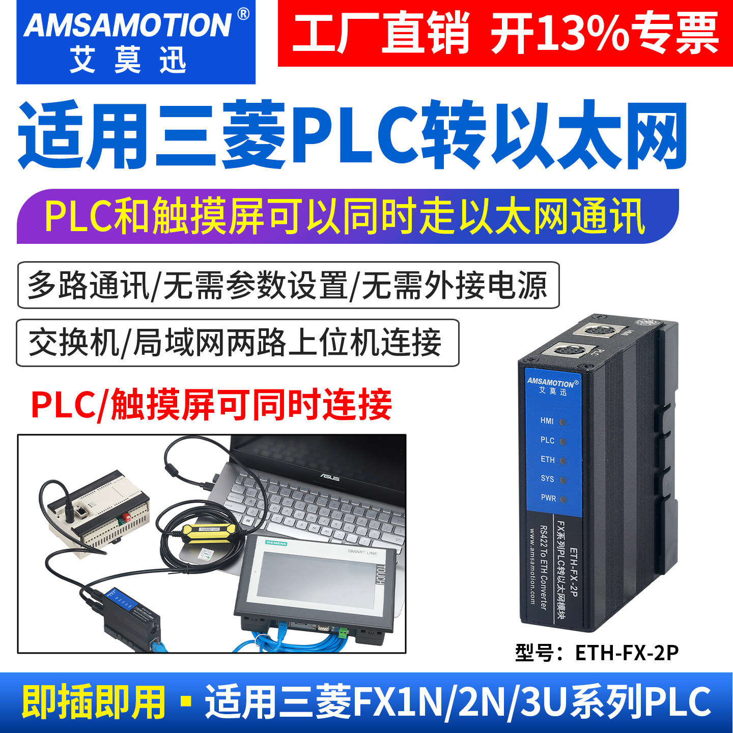 艾莫迅兼容三菱FX3U/1/2N PLC转以太网无线通讯扩展模块ETH-FX-2P