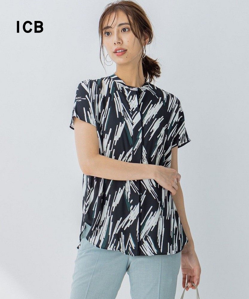 icb日系夏秋季通勤职业宽松立领印花短袖衬衣女衬衫上装商场同款