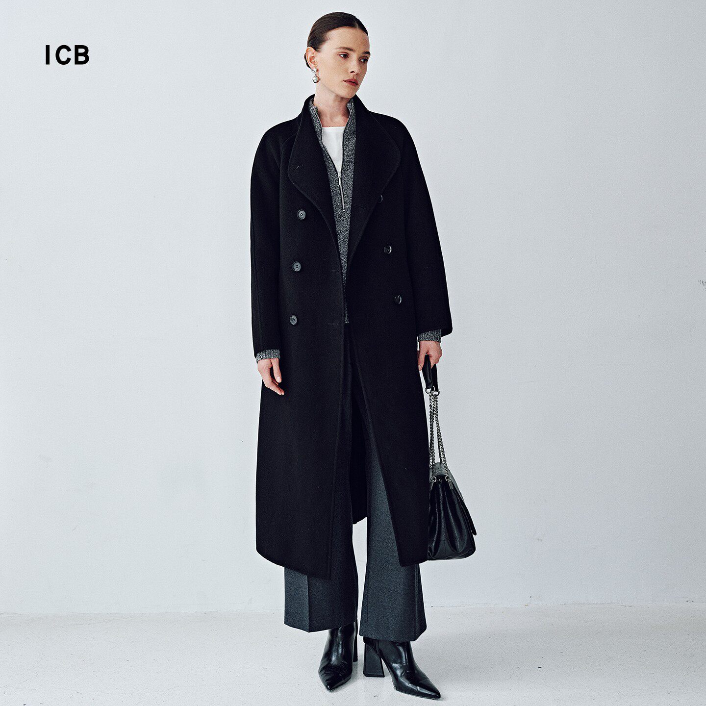 ICB日系春季通勤宽松羊毛桑蚕丝混纺双排扣毛呢长大衣商场同款