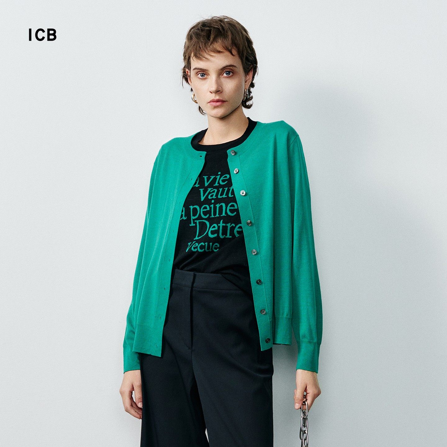 ICB日系秋季通勤宽松纯羊毛圆领针织毛衣开衫休闲编织衫商场同款