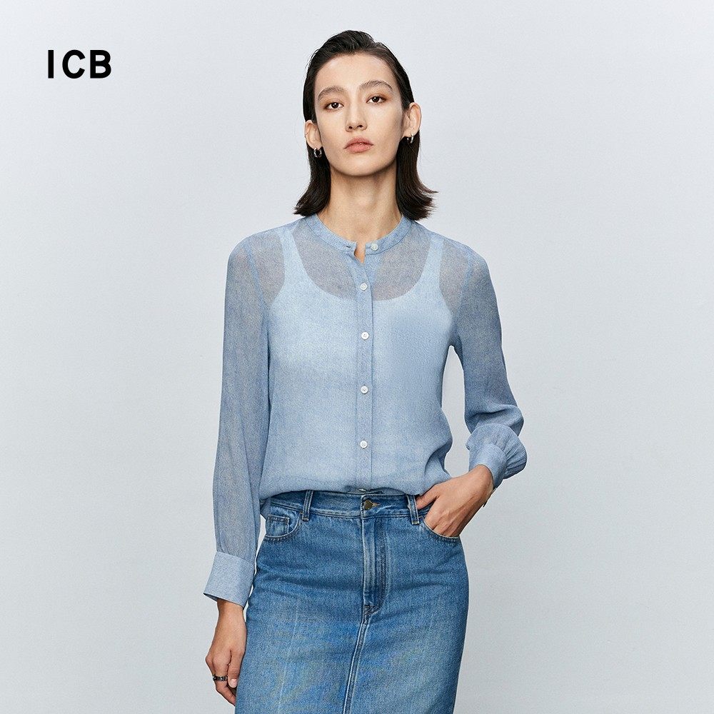 ICB日系秋季通勤宽松版纯桑蚕丝小立领长袖衬衣真丝衬衫商场同款