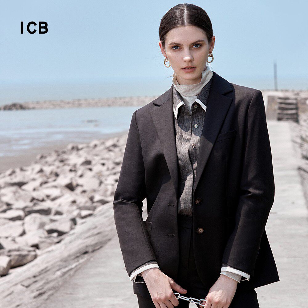 ICB日系春季通勤职业直筒纯羊毛二粒扣西装外套休闲西服商场同款