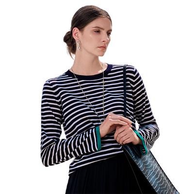 绵羊毛圆领套头条纹毛衣商场同款