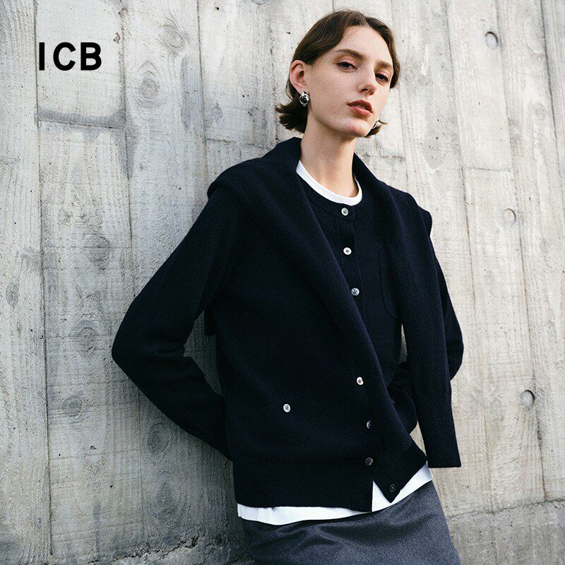 ICB日系春季通勤宽松山羊绒圆领针织毛衣开衫编织羊绒衫商场同款