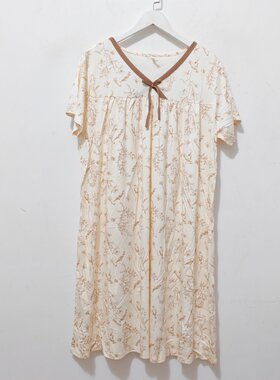 女V领印花短袖中长款睡裙家居服