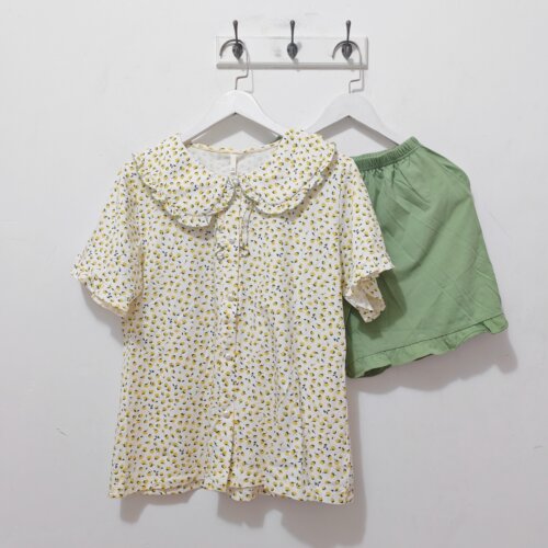 L码 雅诗倩女士睡衣 夏季 女翻领短袖短裤裤睡衣套装家居服