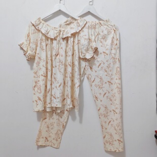 多姿多彩女士睡衣 睡衣套装 夏季 长裤 家居服 女爽棉短袖 L码