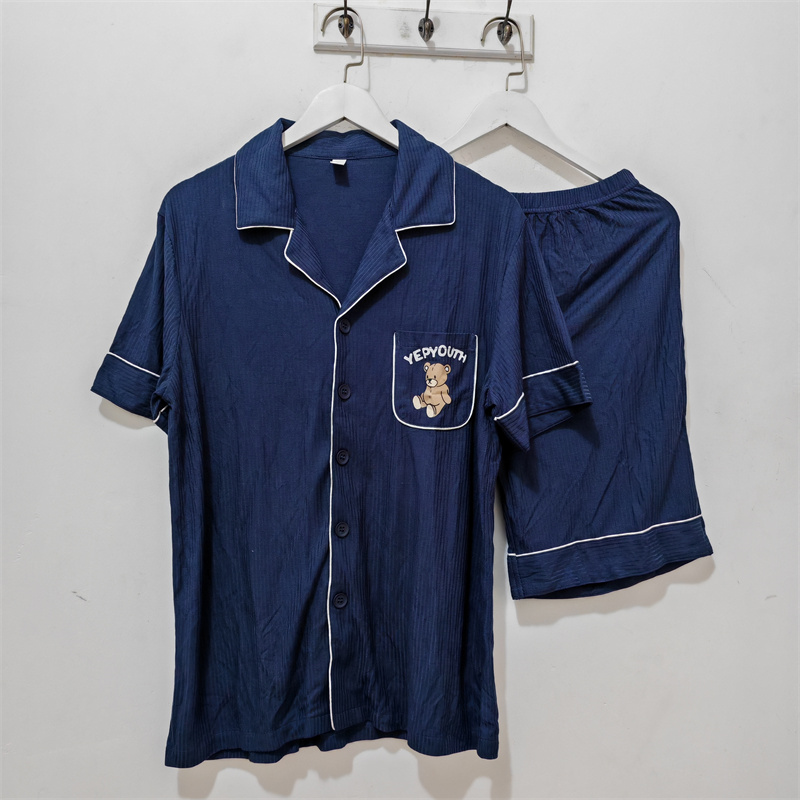 L码 男士睡衣 夏季 男翻领短袖短裤家居服套装