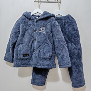 100-110码 儿童睡衣 秋冬 男宝夹棉保暖睡衣套装家居服男童