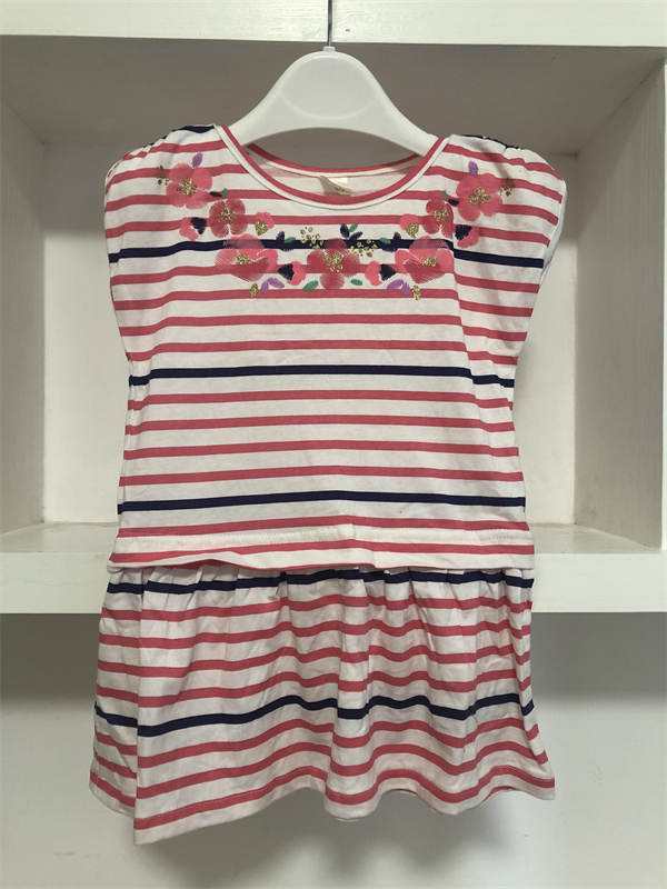 1-4岁美国原单oshkosh女童中长款上衣 纯棉印花条纹短袖T恤