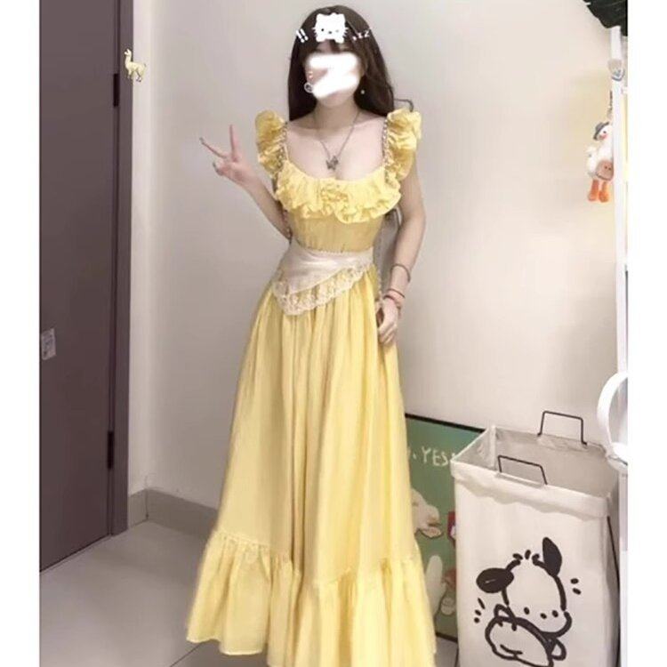 【带丝巾】黄色小飞袖荷叶边吊带连衣裙子女夏季茶歇法式长裙小个