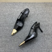 37码 女2026春黑色漆皮细跟铁头高跟鞋 金属小方头性感后空时装 凉鞋