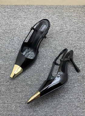 37码金属小方头性感后空时装凉鞋女2026春黑色漆皮细跟铁头高跟鞋