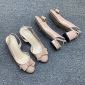 裸色漆皮仙女风高跟单鞋 蝴蝶结粗跟后空绊带凉鞋 女2025年秋季 新款