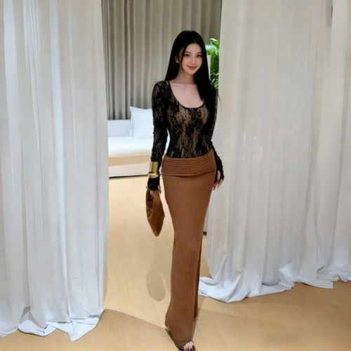 御姐风蕾丝修身上衣半裙两件套