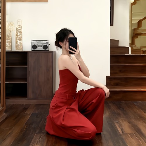 轻奢媛鱼骨抹胸高腰阔腿显瘦套装