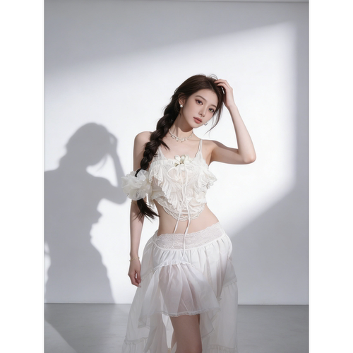 韩系纯欲辣妹夏季新款设计感蕾丝花边吊带背心配蕾丝半裙两件套女
