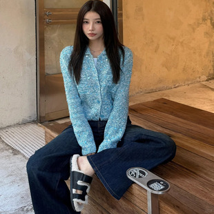 蓝色高级感重工珠片上衣女2024新款显白气质小众韩系温柔风格外套