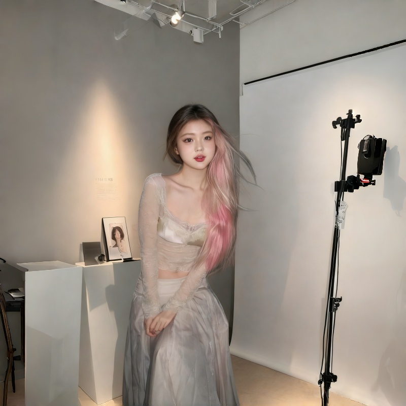 蕾丝露背长袖上衣穿搭A字半身裙