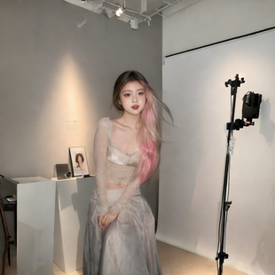 性感辣妹套装 上衣穿搭A字半身长裙两件套 女秋冬纯欲蕾丝露背长袖