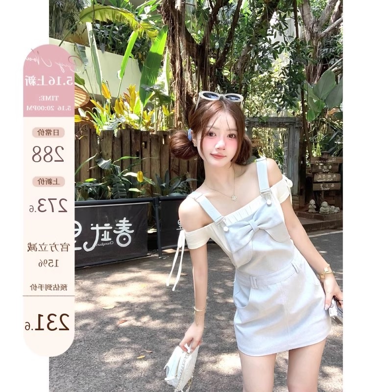 q女家 新品95折丹宁蝴蝶结/夏日减龄洗水浅牛仔背带裙