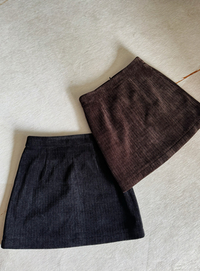橙子太太定制 秋冬款高腰A摆显瘦包臀咖啡色灯芯绒半身裙短裙黑色