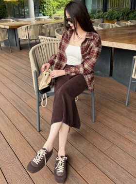 橙子太太定制秋冬厚款重磅复古咖啡色格纹磨毛棉质休闲长袖衬衫女