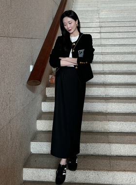 橙子太太定制好版型黑色高腰长款直筒修身长裙脚踝超长半裙女两色
