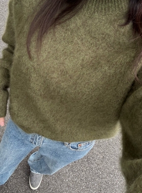 橙子太太女装 新款秋冬复古时髦圆领混色拉毛宽松羊毛毛衣女多色