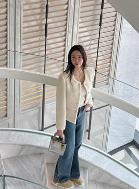 橙子太太定制 高品质苏力羊驼毛白色圆领小香风短款羊毛外套女