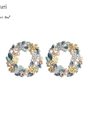 巡meguri手作原创Palnart poc圣诞节限定款白色蓝色圣诞花环耳环