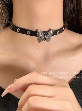 Y2K甜酷辣妹蝴蝶项链女暗黑风小众设计感朋克choker颈链皮革项圈