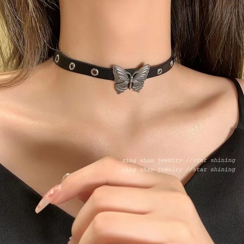 Y2K甜酷辣妹蝴蝶项链女暗黑风小众设计感朋克choker颈链皮革项圈