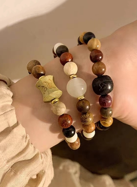 新中式复古民族国风禅意檀木串珠手链女转运多宝念珠情侣手工手串