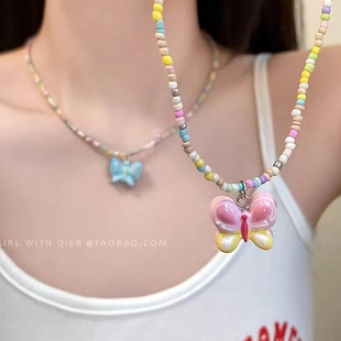 童趣多巴胺饰品彩色串珠蝴蝶项链爱心吊坠毛衣链小众设计感锁骨链