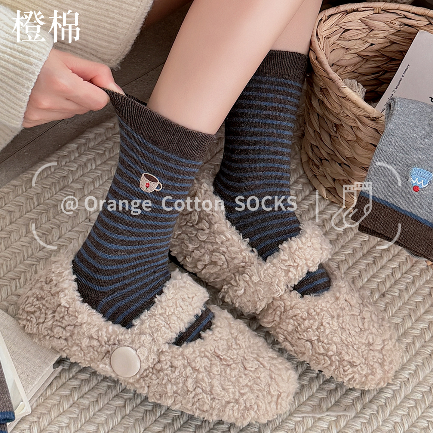 棕色刺绣女中筒无骨秋冬季长袜