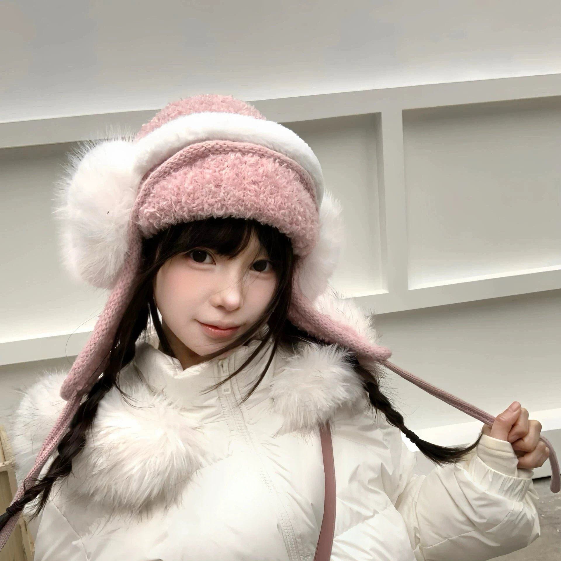 2025年冬季韩版宽松粉色狐狸大毛领连帽短款羽绒棉服加厚保暖外套